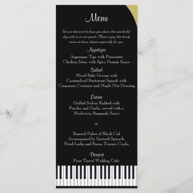 Black and Gold Piano Wedding Menu (Front)