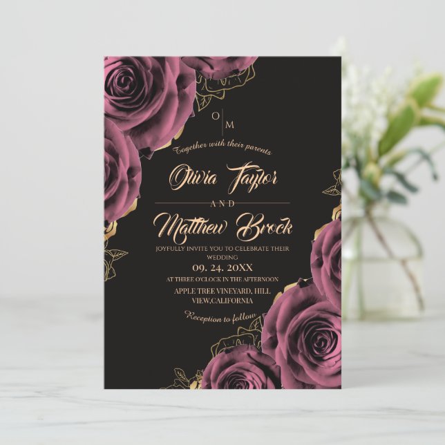 Black and Gold ⎮ Pink Roses Wedding Invitation (Standing Front)