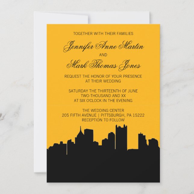 Black and Gold Pittsburgh City Skyline Wedding II Invitation (Front)
