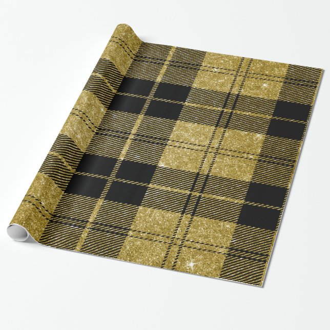 Black and gold Plaid-04 Wrapping Paper (Unrolled)