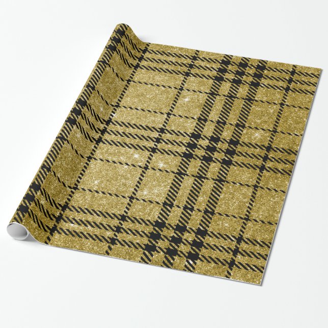 Black and gold Plaid-13 Wrapping Paper (Unrolled)