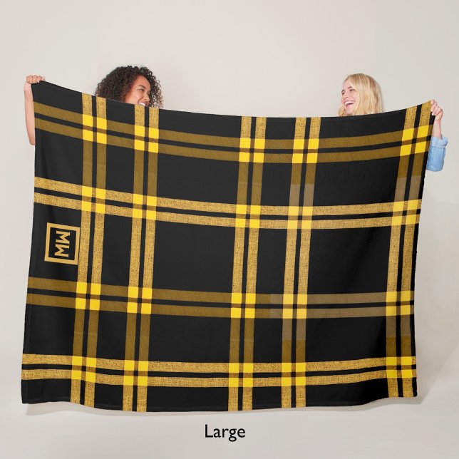 Black and gold plaid tartan monogram fleece blanket (Creator Uploaded)