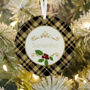 Black And Gold Plaid With Name Christmas Metal Tree Decoration