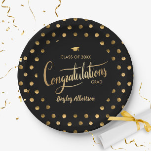 Black and Gold Polka Dot Congrats Grad Graduation Paper Plate