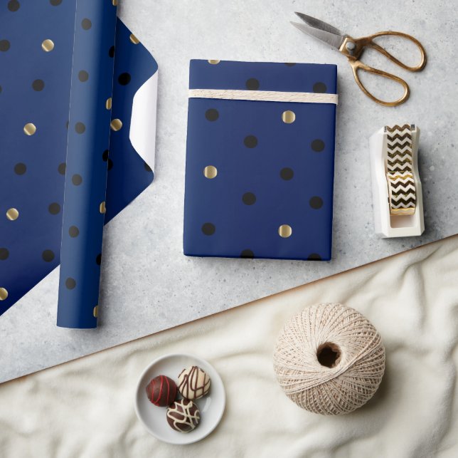 Black and Gold Polka Dots and Navy Blue Satin Wrapping Paper (Crafts)
