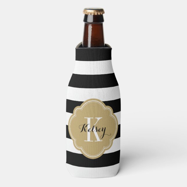 Black and Gold Preppy Stripes Monogram Bottle Cooler (Bottle Front)