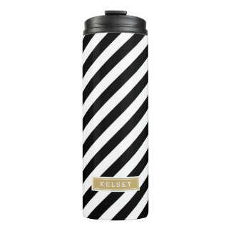 Black and Gold Preppy Stripes Monogram Thermal Tumbler