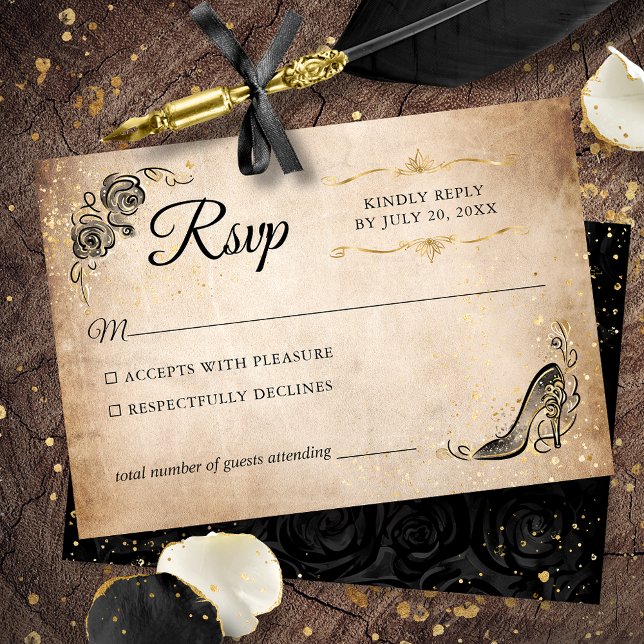 Black and Gold Princess Elegant Wedding RSVP Card (Create your own elegant black and gold RSVP card on an easy DIY template for your fairy tale event.)