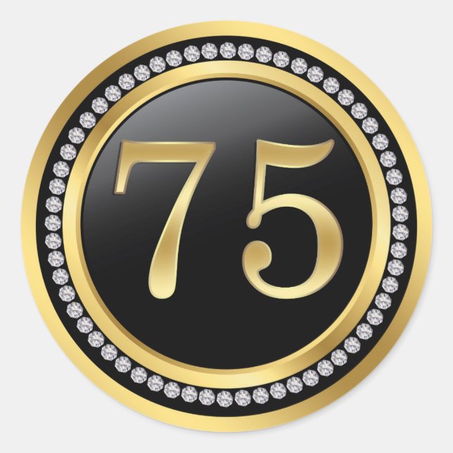 Black and gold, printed diamonds 75th Birthday Classic Round Sticker (Front)
