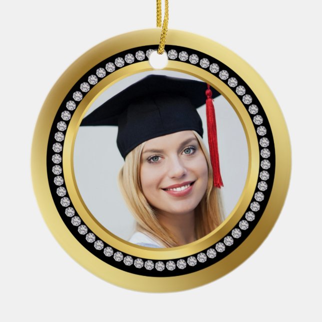 Black and gold, printed diamonds Graduation Ceramic Tree Decoration (Front)