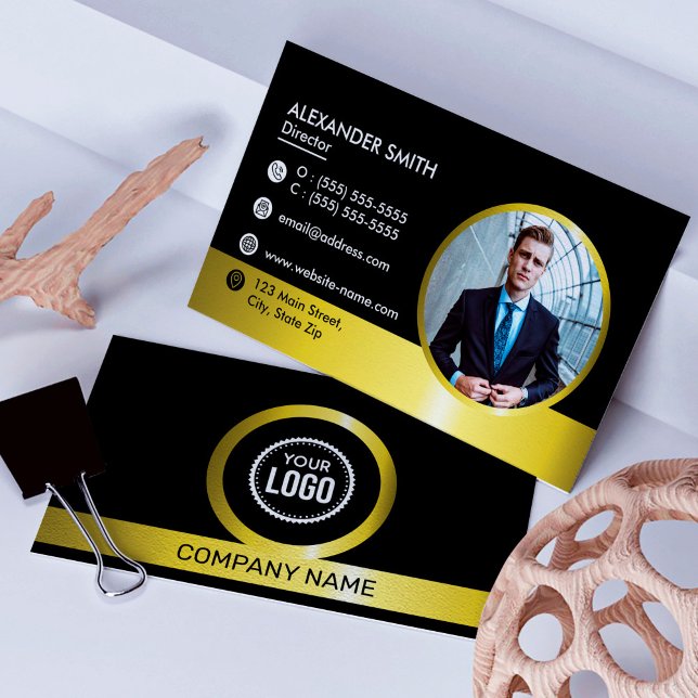 Black And Gold Professional Company Logo Add Photo Business Card (Creator Uploaded)