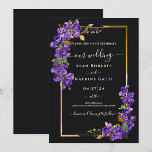 Black and Gold  Purple Violets Elegant Wedding Invitation