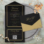 Black And Gold QR Code Art Deco Monogram Wedding All In One Invitation<br><div class="desc">All-in-one wedding black and gold invitation featuring elegant typography and monogram initials. The invitation includes a perforated RSVP with your wedding website QR code and details. Designed by Thisisnotme©</div>