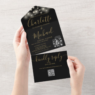 Black And Gold QR Code Mason Jars Lights Wedding All In One Invitation