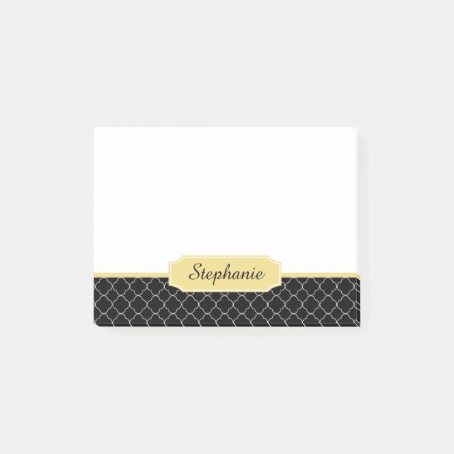 Black and Gold Quatrefoil Monogram Post-it Notes (Front)