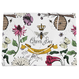 Black and Gold Queen Bee, Royal Crown & Scroll Large Gift Bag