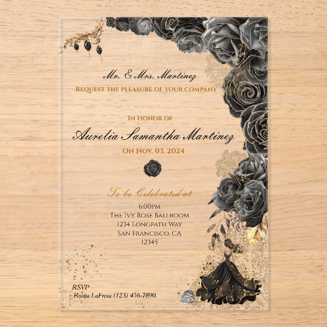 Black and Gold Quinceañera  Acrylic Invitations (Front)