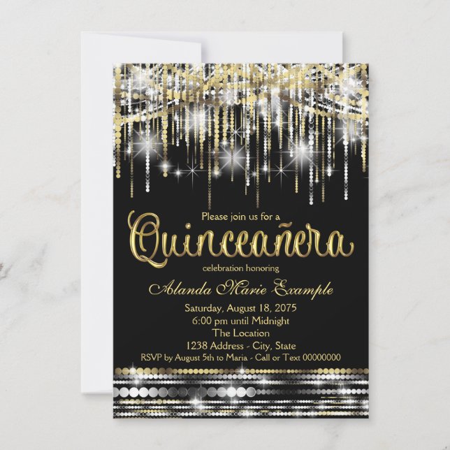 Black and Gold Quinceanera Glitter Glam Sparkle Invitation (Front)