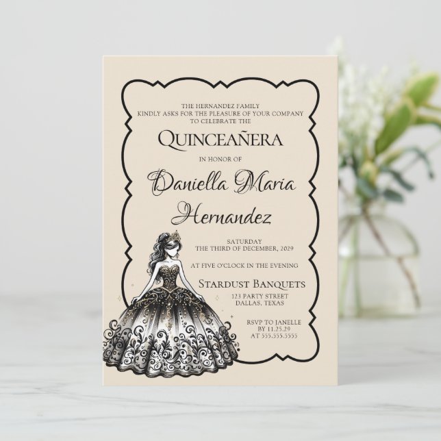 Black and Gold Quinceañera Invitation (Standing Front)