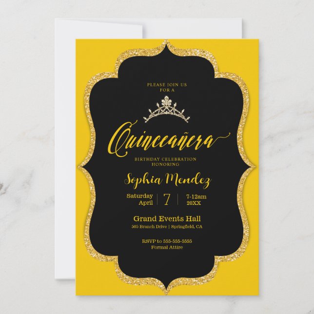 Black and gold Quinceanera Invitation (Front)