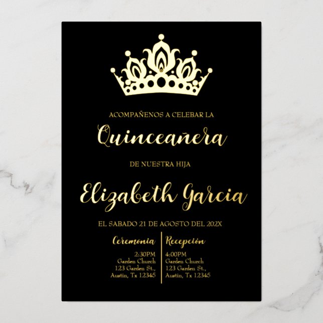 Black and gold quinceañera invite (Front)