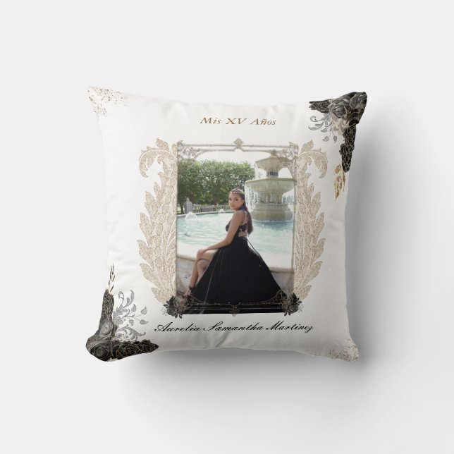 Black and Gold Quinceañera Pillow for Quince Años (Front)