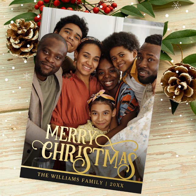 Black and Gold Real Foil One Photo Merry Christmas (Creator Uploaded)