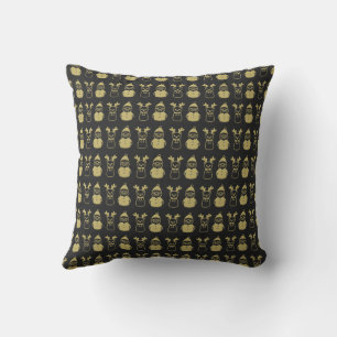 Black and Gold Reindeer and Snowman Throw Pillow