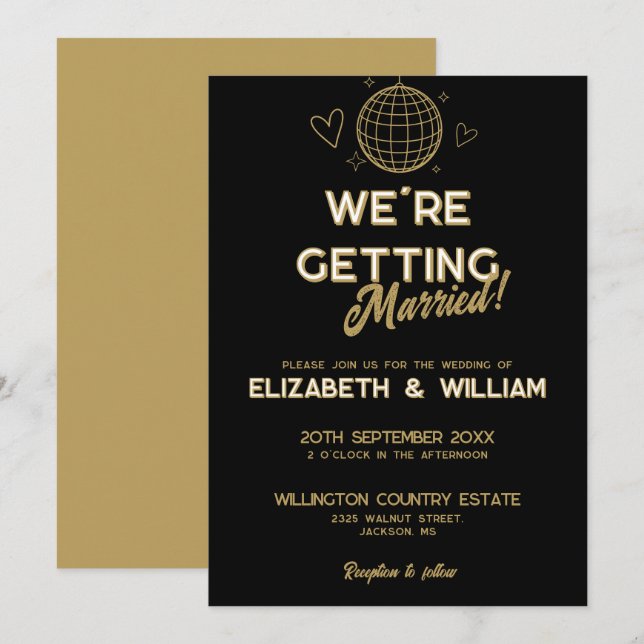 Black And Gold Retro Disco Groovy Wedding Invitation (Front/Back)