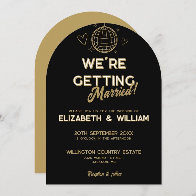 Black And Gold Retro Disco Groovy Wedding Invitation (Front/Back)