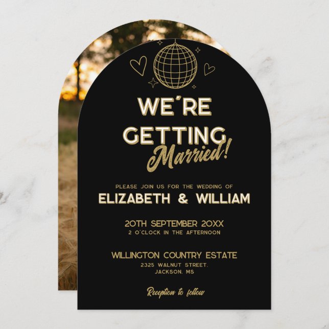 Black And Gold Retro Disco Groovy Wedding Photo Invitation (Front/Back)
