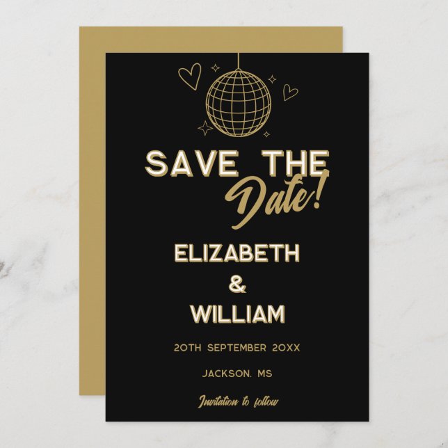 Black And Gold Retro Disco Groovy Wedding Save The Date (Front/Back)
