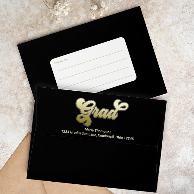Black and Gold Retro Graduation Custom Envelope (With a white background box for the recipient's address. )