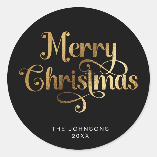 Black and Gold Retro Merry Christmas Script Custom Classic Round Sticker (Front)