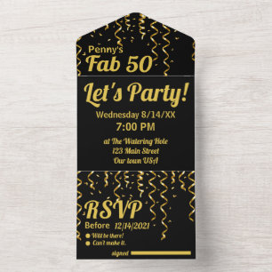 Black and Gold Ribbons Fab 50 Birthday Party All In One Invitation