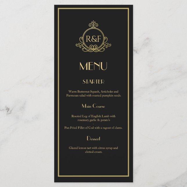 Black and Gold Roaring 20s Gatsby Wedding Menu (Front)