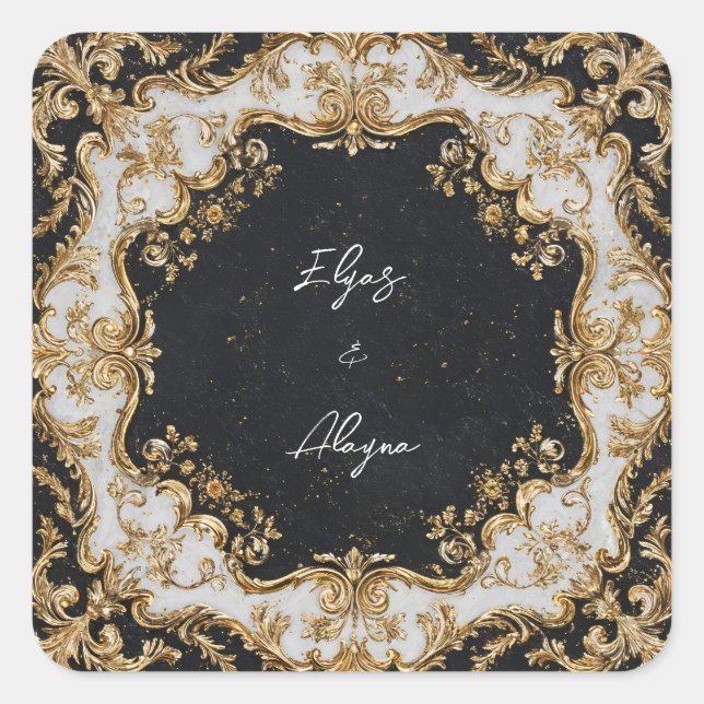 Black and Gold Rococo Frame Wedding Sticker (Front)