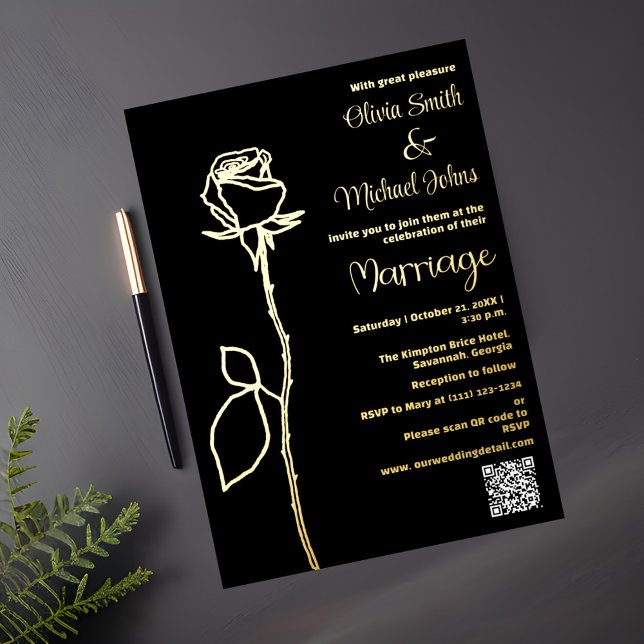 Black and Gold Rose bud QR code Wedding Invitation (Creator Uploaded)