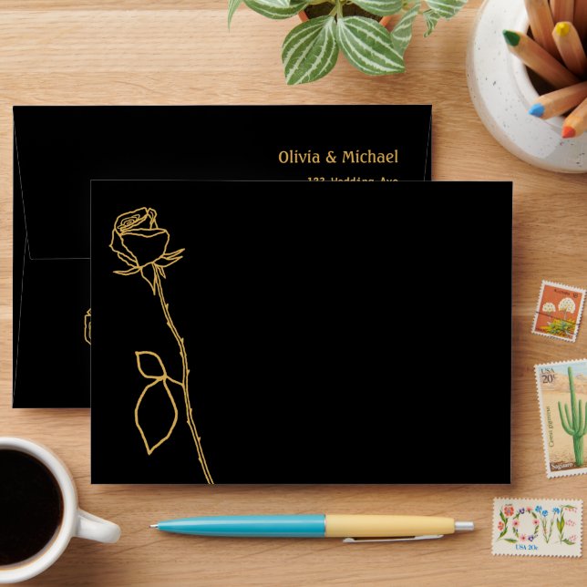 Black and Gold Rose bud Wedding Envelope (Desk)