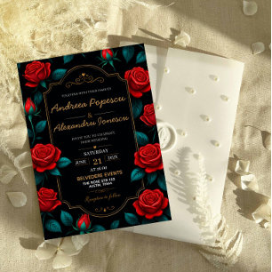 Black and Gold Rose Luxury Gothic Elegant Red Rose Invitation