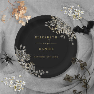 Black And Gold Roses Floral Gothic Wedding Paper Plate