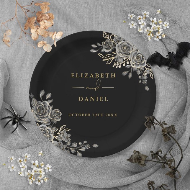 Black And Gold Roses Floral Gothic Wedding Paper Plate (Black And Gold Roses Floral Gothic Wedding Paper Plates)