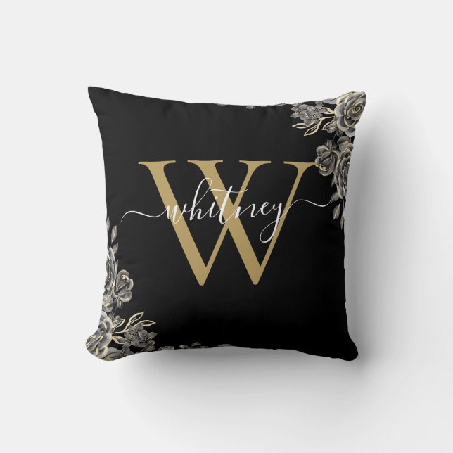 Black and Gold Roses Floral Monogram Script Name   Cushion (Front)