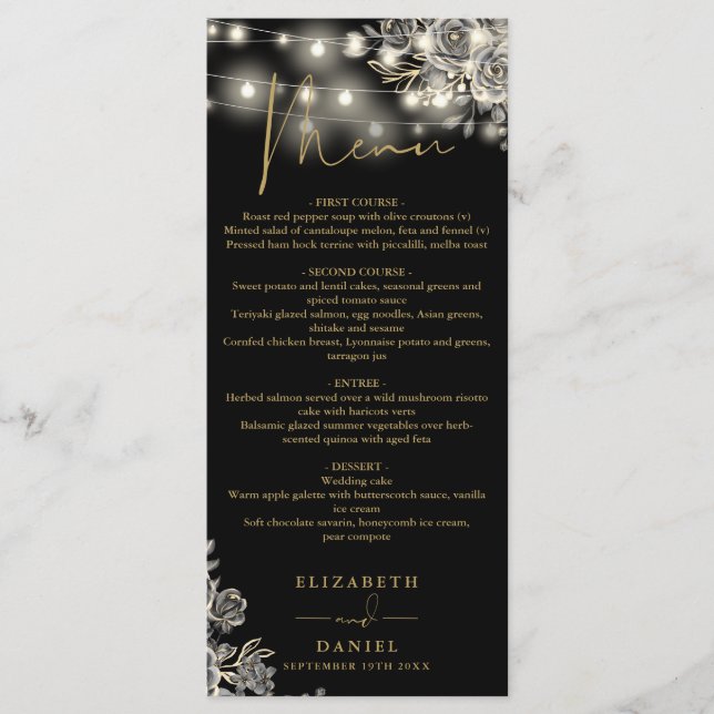 Black And Gold Roses Lights Gothic Wedding Dinner Menu (Front)