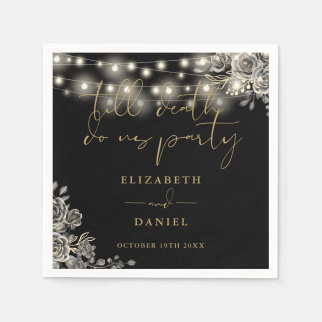 Black And Gold Roses String Lights Gothic Wedding Napkin (Front)