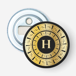 Black and Gold Round Greek Key Custom Monogram Bottle Opener