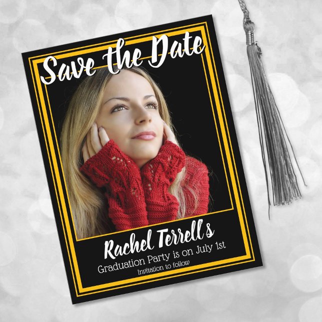 Black and Gold Save the Date Graduation Announcement Postcard (Creator Uploaded)