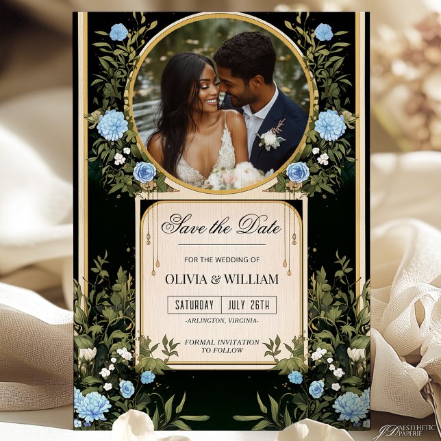 Black and Gold Save the Date with Blue Florals Inv Invitation (Creator Uploaded)