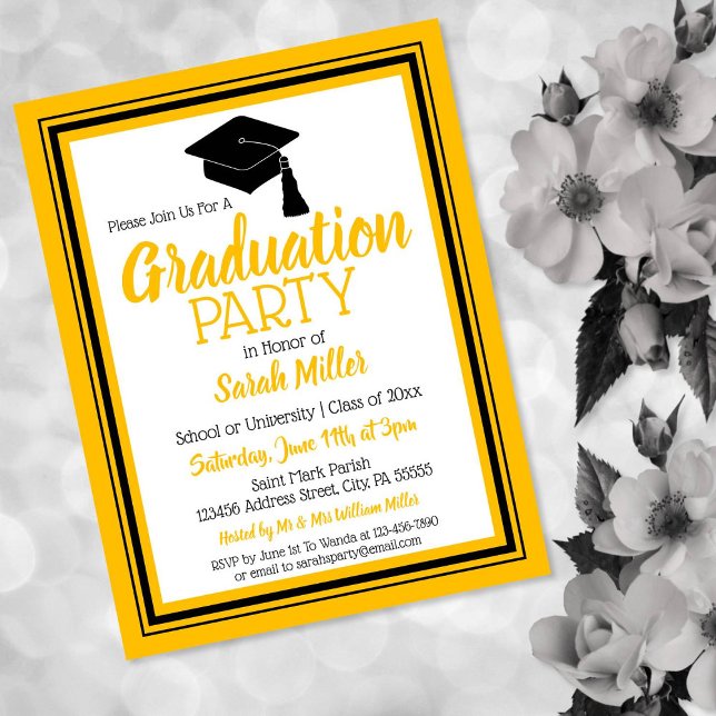 Black and Gold School Colours Grad Party Invitation Postcard (Creator Uploaded)