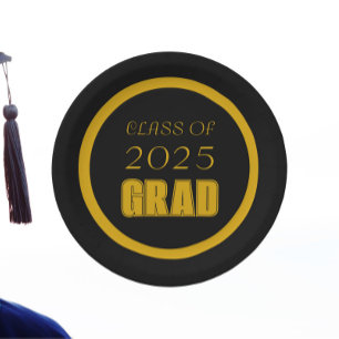 Black and Gold School Colours Graduation Paper Plate